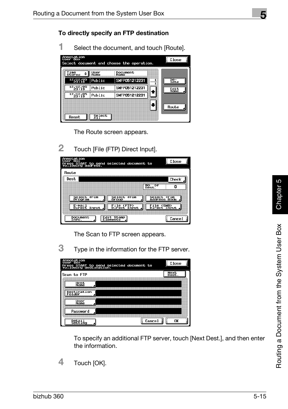 To directly specify an ftp destination -15, P. 5-15 | Konica Minolta bizhub 360 User Manual | Page 140 / 218