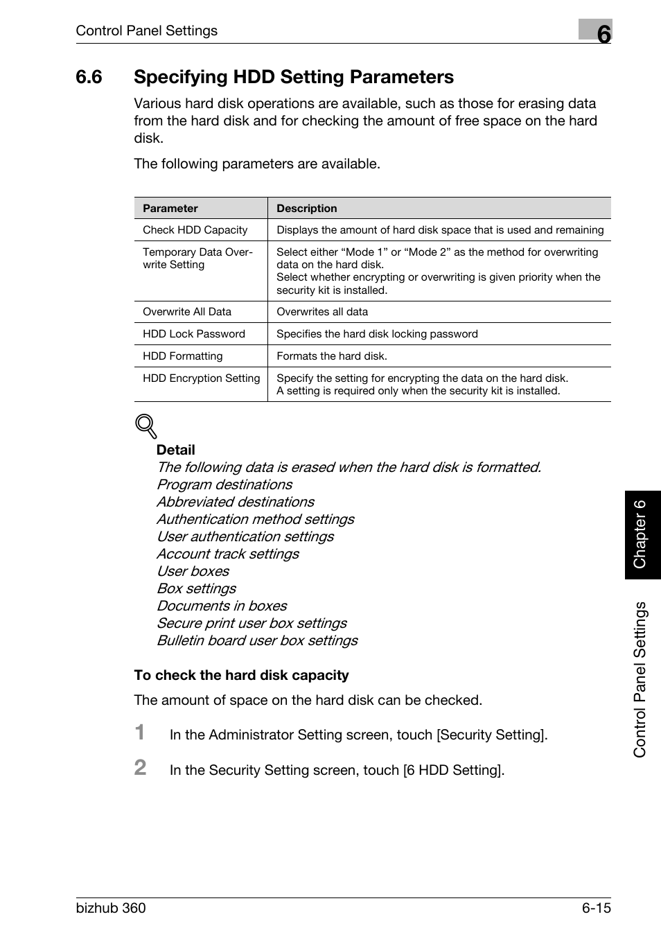 6 specifying hdd setting parameters, Specifying hdd setting parameters -15, To check the hard disk capacity -15 | P. 6-15 | Konica Minolta bizhub 360 User Manual | Page 162 / 218