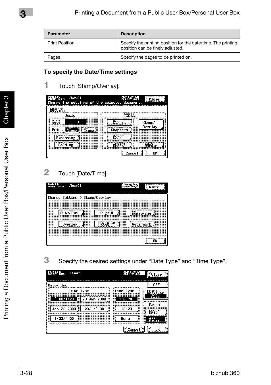 To specify the date/time settings -28 | Konica Minolta bizhub 360 User Manual | Page 67 / 218