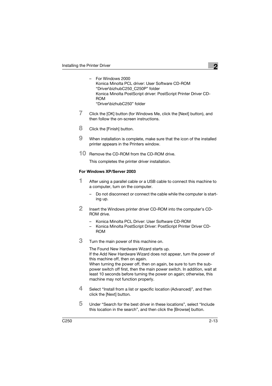 For windows xp/server 2003, For windows xp/server 2003 -13 | Konica Minolta bizhub C250 User Manual | Page 36 / 96