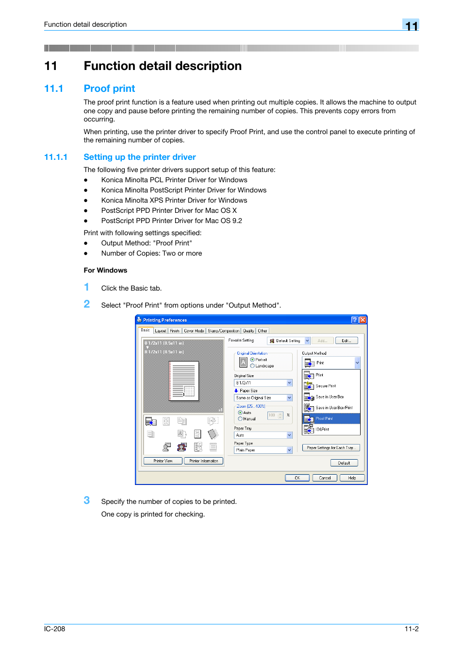 11 function detail description, 1 proof print, 1 setting up the printer driver | For windows, Proof print -2, Setting up the printer driver -2 for windows -2, Function detail description | Konica Minolta bizhub 601 User Manual | Page 142 / 273