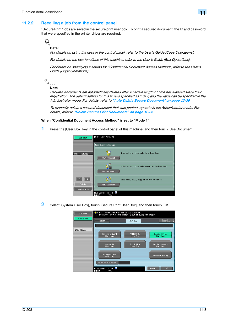 2 recalling a job from the control panel | Konica Minolta bizhub 601 User Manual | Page 148 / 273