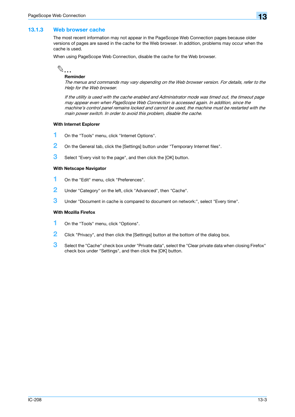 3 web browser cache, With internet explorer, With netscape navigator | With mozilla firefox | Konica Minolta bizhub 601 User Manual | Page 230 / 273