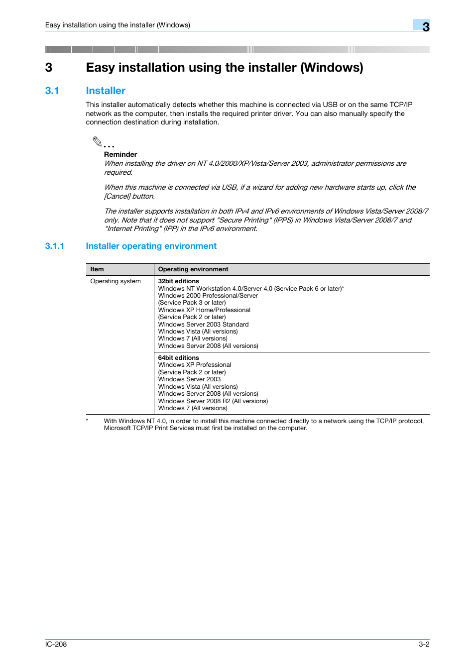 3 easy installation using the installer (windows), 1 installer, 1 installer operating environment | Easy installation using the installer (windows), Installer -2, Installer operating environment -2, 3easy installation using the installer (windows) | Konica Minolta bizhub 601 User Manual | Page 32 / 273