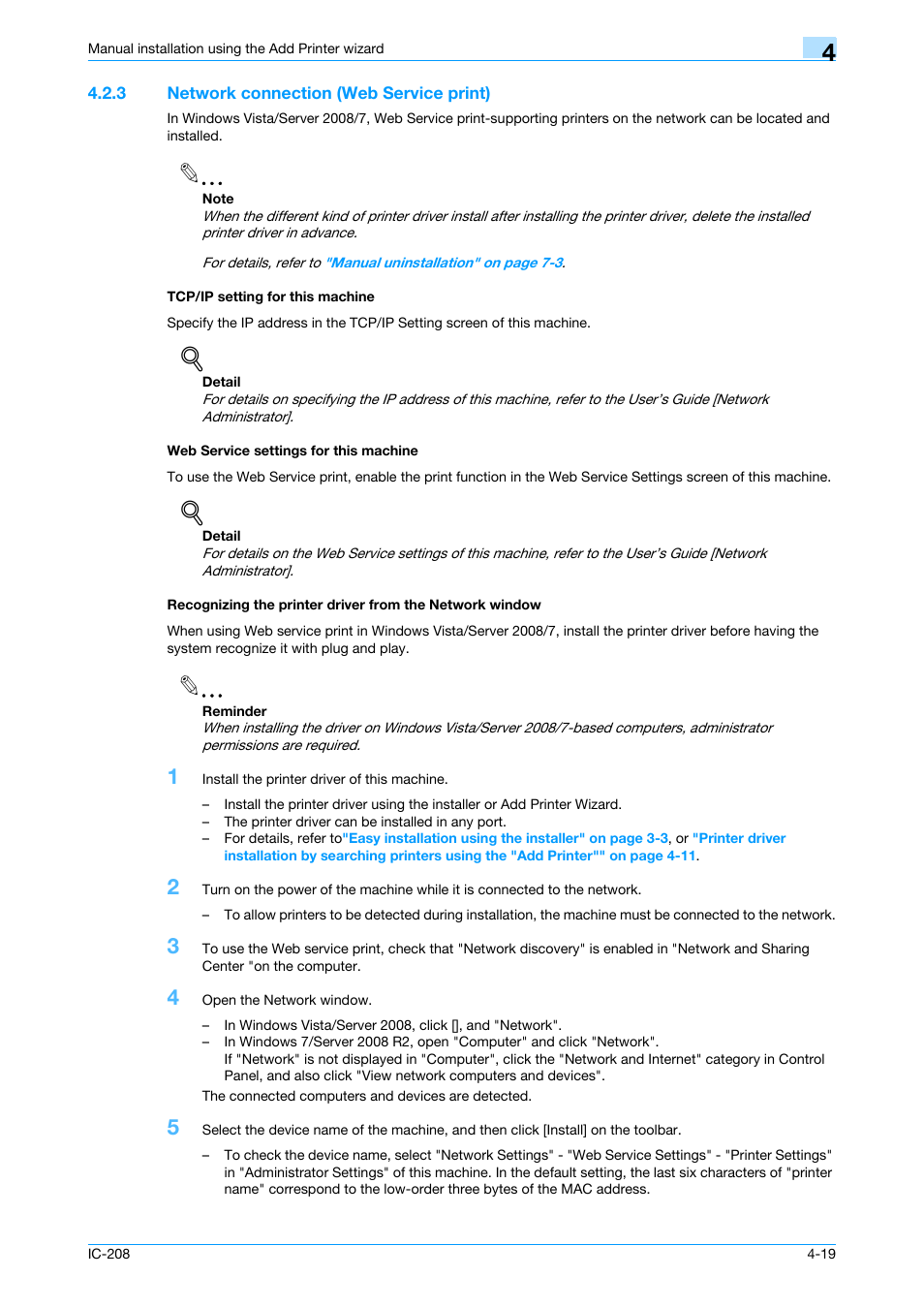 3 network connection (web service print), Tcp/ip setting for this machine, Web service settings for this machine | Konica Minolta bizhub 601 User Manual | Page 54 / 273