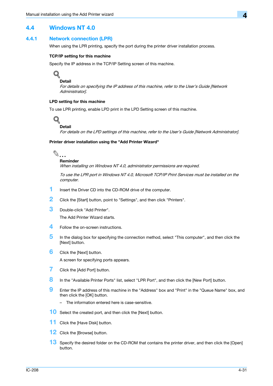 4 windows nt 4.0, 1 network connection (lpr), Tcp/ip setting for this machine | Lpd setting for this machine, Windows nt 4.0 -31 | Konica Minolta bizhub 601 User Manual | Page 66 / 273