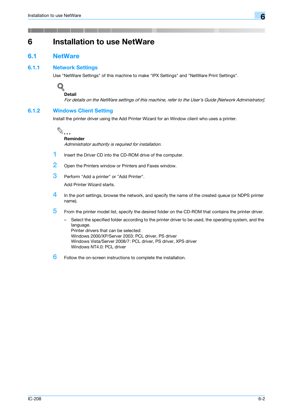 6 installation to use netware, 1 netware, 1 network settings | 2 windows client setting, Installation to use netware, Netware -2, Network settings -2, Windows client setting -2, 6installation to use netware | Konica Minolta bizhub 601 User Manual | Page 85 / 273