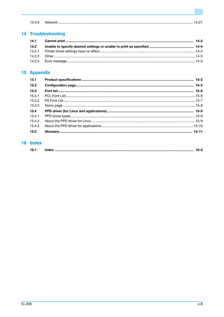 14 troubleshooting, 15 appendix, 16 index | Konica Minolta bizhub 601 User Manual | Page 9 / 273