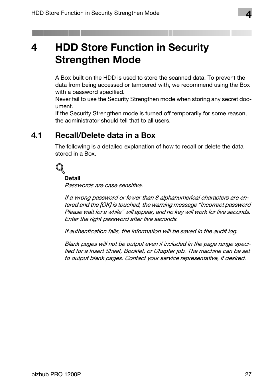 4 hdd store function in security strengthen mode, 1 recall/delete data in a box, Hdd store function in security strengthen mode | Recall/delete data in a box, 4hdd store function in security strengthen mode | Konica Minolta bizhub PRO 1200P User Manual | Page 33 / 72