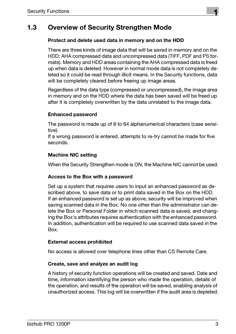 3 overview of security strengthen mode, Overview of security strengthen mode | Konica Minolta bizhub PRO 1200P User Manual | Page 9 / 72