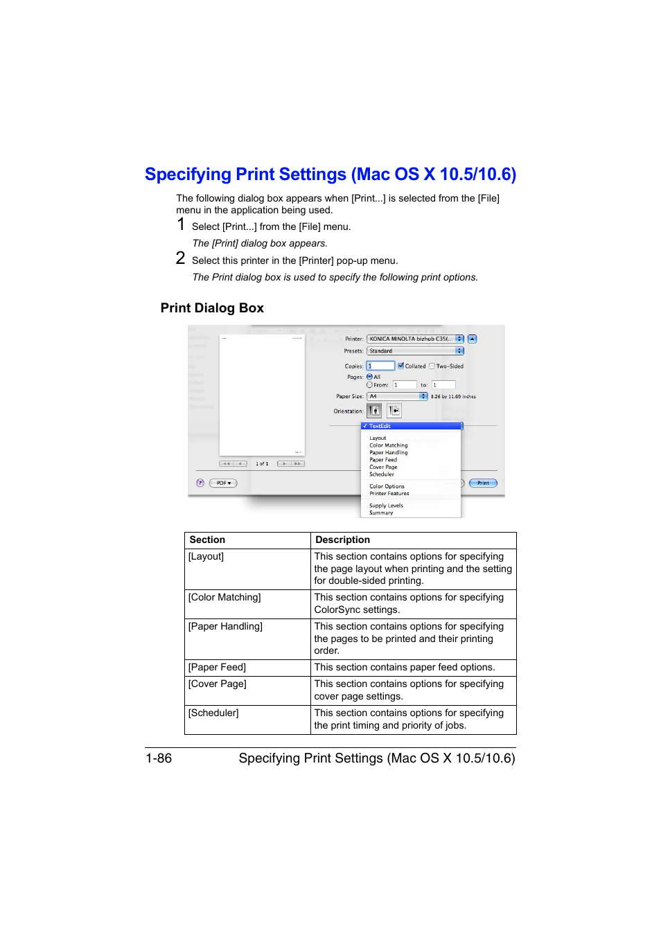 Specifying print settings (mac os x 10.5/10.6), Print dialog box, Specifying print settings (mac os x 10.5/10.6) -86 | Print dialog box -86 | Konica Minolta bizhub C35 User Manual | Page 113 / 510