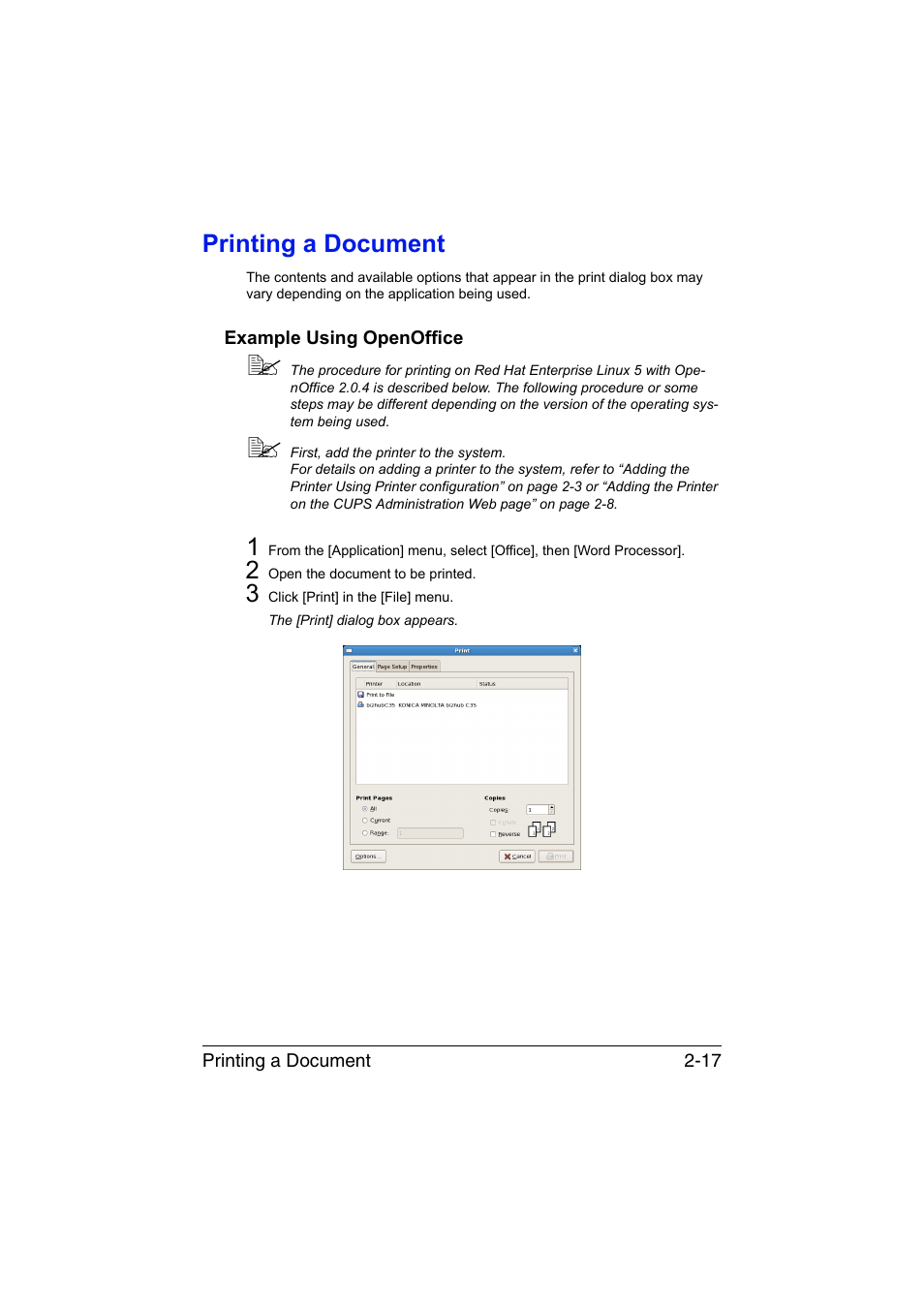 Printing a document, Example using openoffice, Printing a document -17 | Example using openoffice -17 | Konica Minolta bizhub C35 User Manual | Page 164 / 510