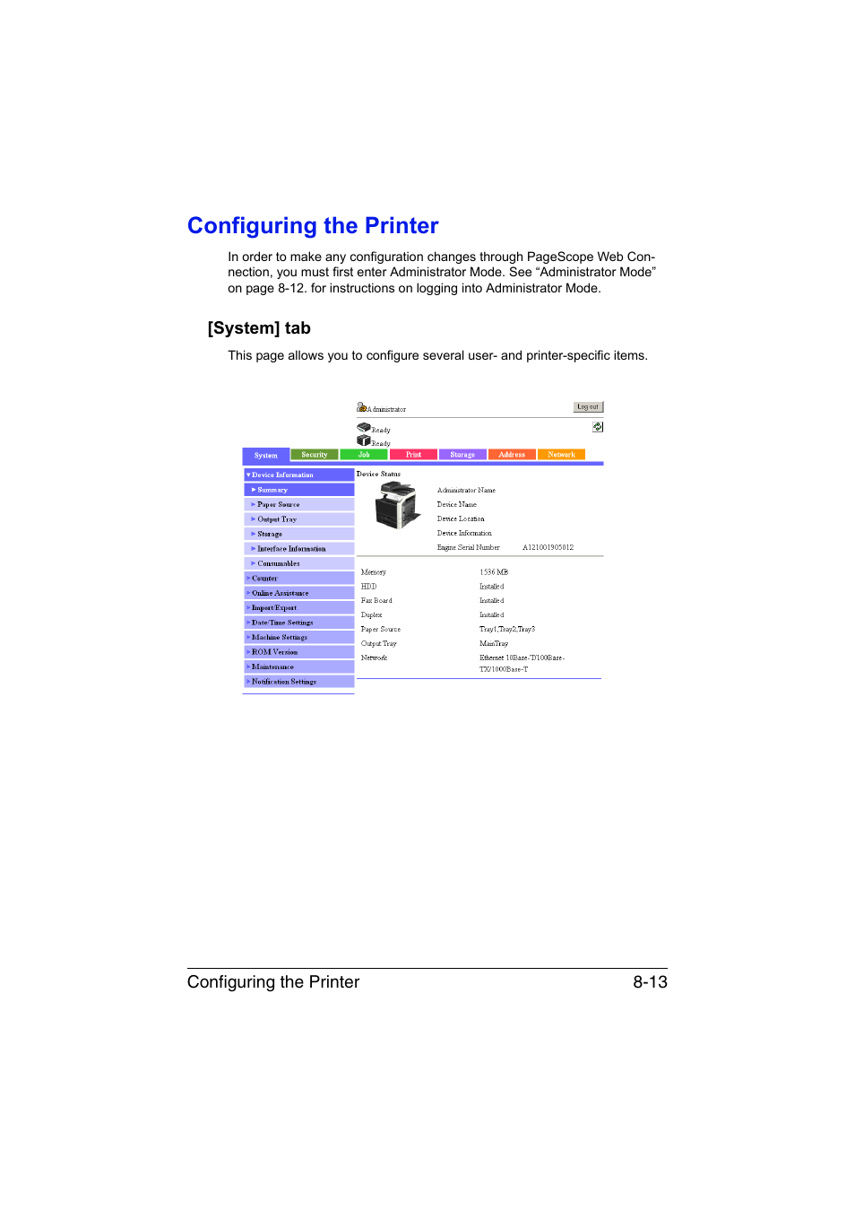 Configuring the printer, System] tab, Configuring the printer -13 | System] tab -13 | Konica Minolta bizhub C35 User Manual | Page 280 / 510