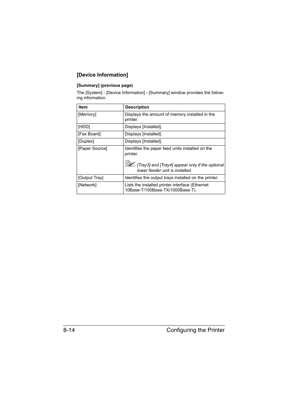 Device information, Device information] -14, Configuring the printer 8-14 | Konica Minolta bizhub C35 User Manual | Page 281 / 510