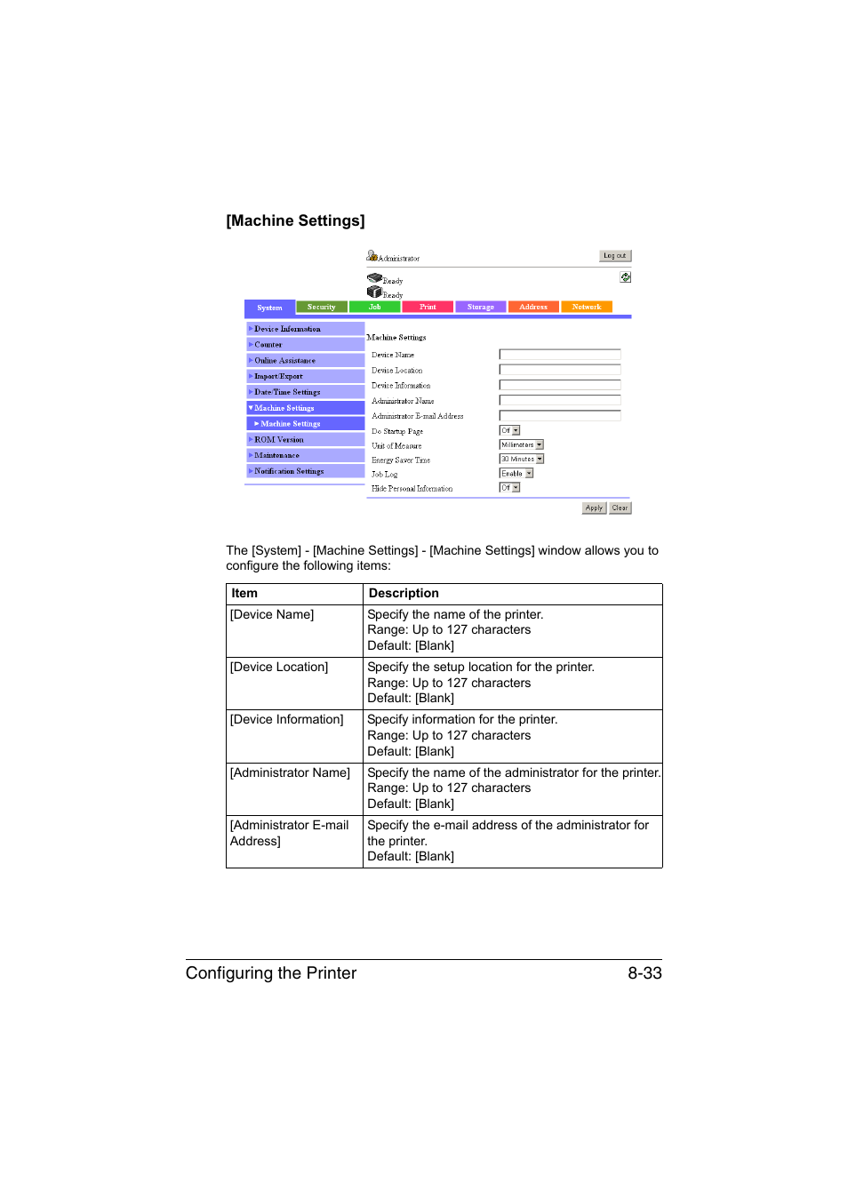 Machine settings, Machine settings] -33, Configuring the printer 8-33 | Konica Minolta bizhub C35 User Manual | Page 300 / 510