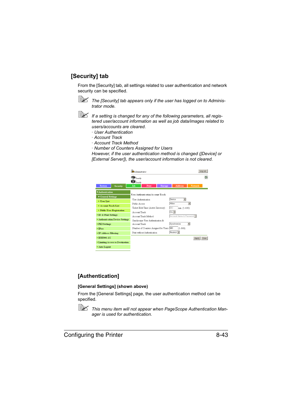 Security] tab, Authentication, Security] tab -43 | Authentication] -43 | Konica Minolta bizhub C35 User Manual | Page 310 / 510