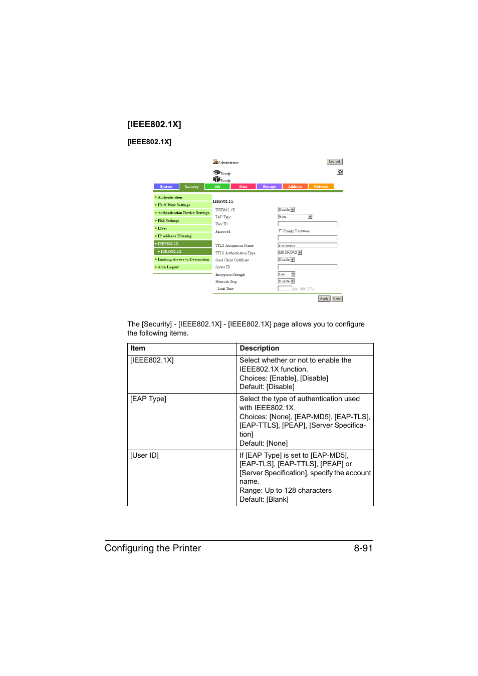 Ieee802.1x, Ieee802.1x] -91, Configuring the printer 8-91 | Konica Minolta bizhub C35 User Manual | Page 358 / 510