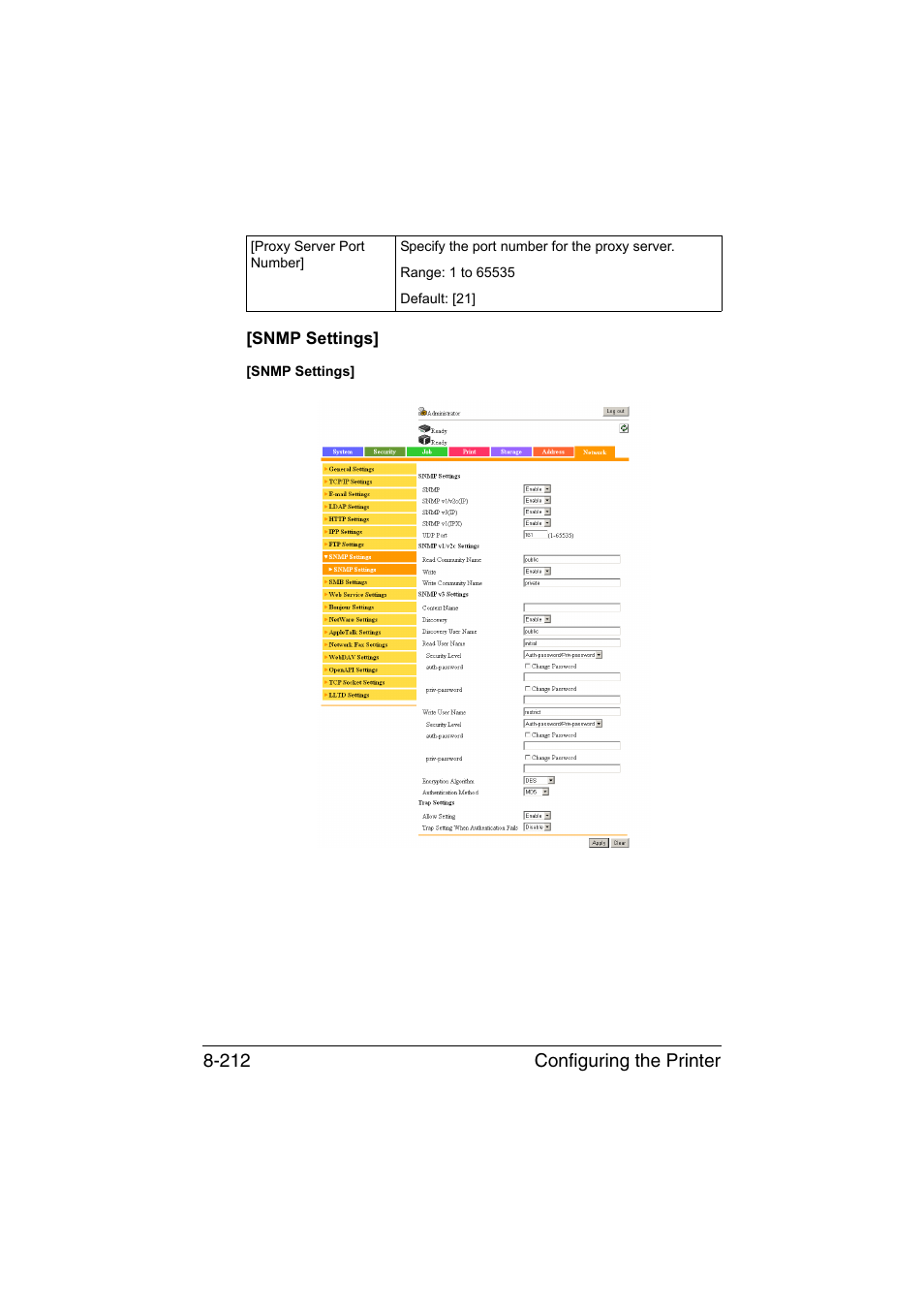 Snmp settings, Snmp settings] -212 | Konica Minolta bizhub C35 User Manual | Page 479 / 510