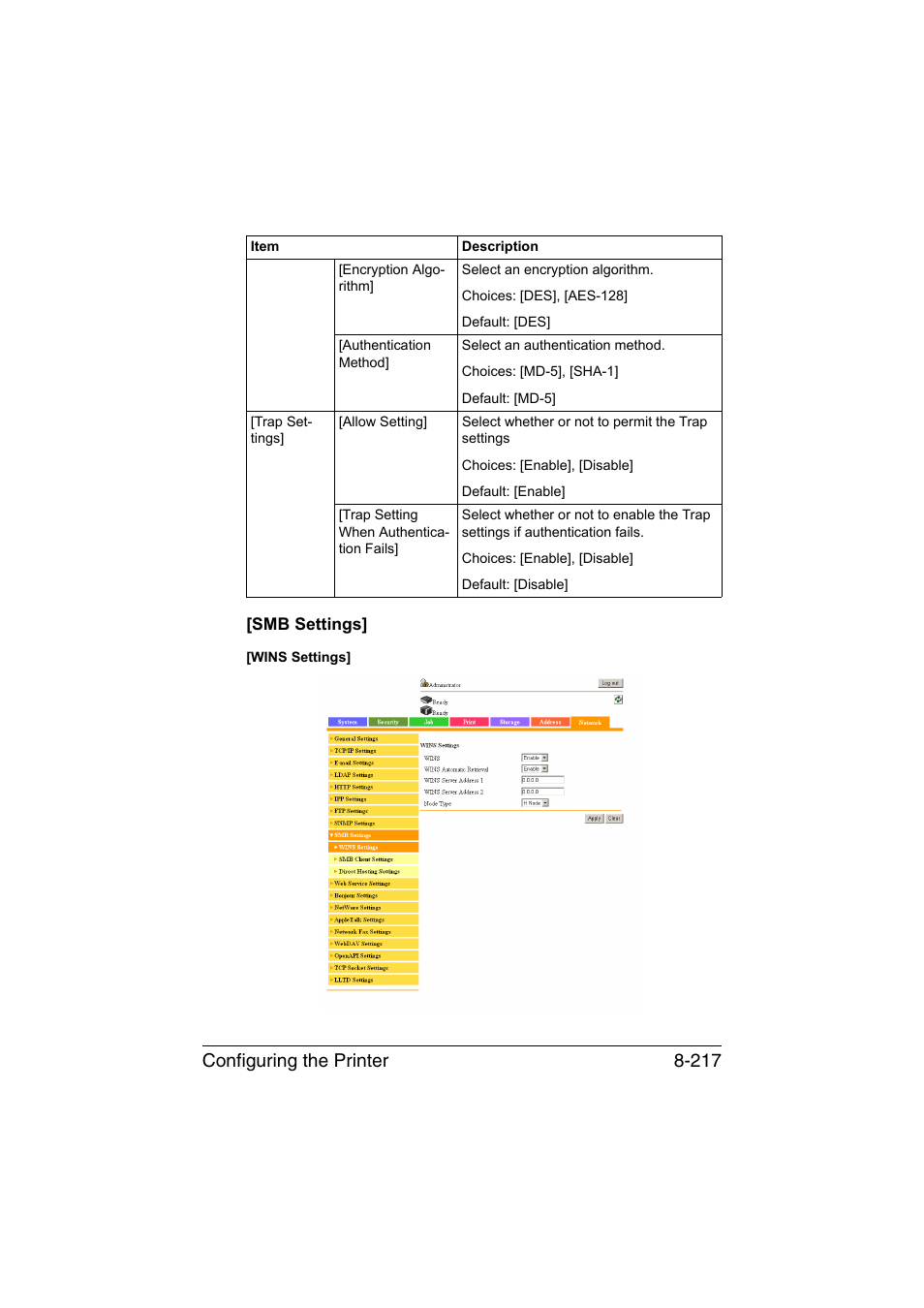 Smb settings, Smb settings] -217, Configuring the printer 8-217 | Konica Minolta bizhub C35 User Manual | Page 484 / 510