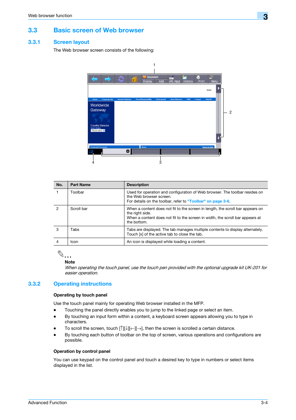 3 basic screen of web browser, 1 screen layout, 2 operating instructions | Operating by touch panel, Operation by control panel, Basic screen of web browser -4, Screen layout -4 | Konica Minolta bizhub C451 User Manual | Page 18 / 82