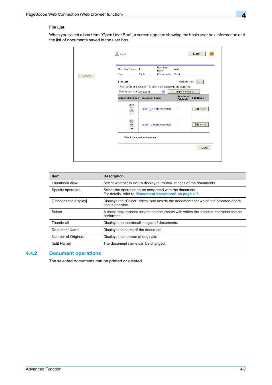 File list, 2 document operations, File list -7 | Document operations -7 | Konica Minolta bizhub C451 User Manual | Page 32 / 82