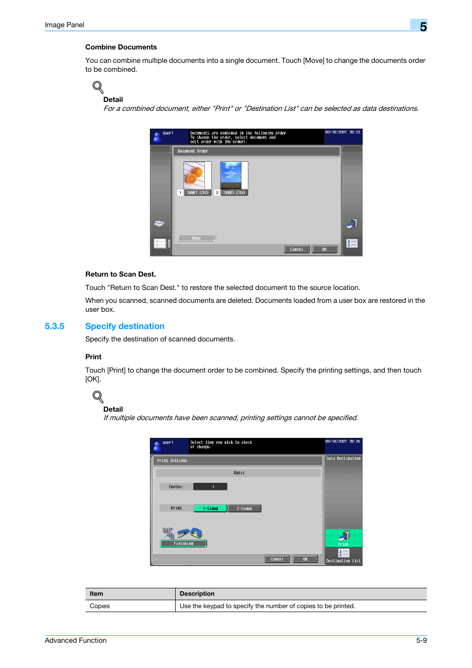 Combine documents, Return to scan dest, 5 specify destination | Print, Combine documents -9 return to scan dest -9, Specify destination -9 print -9 | Konica Minolta bizhub C451 User Manual | Page 44 / 82