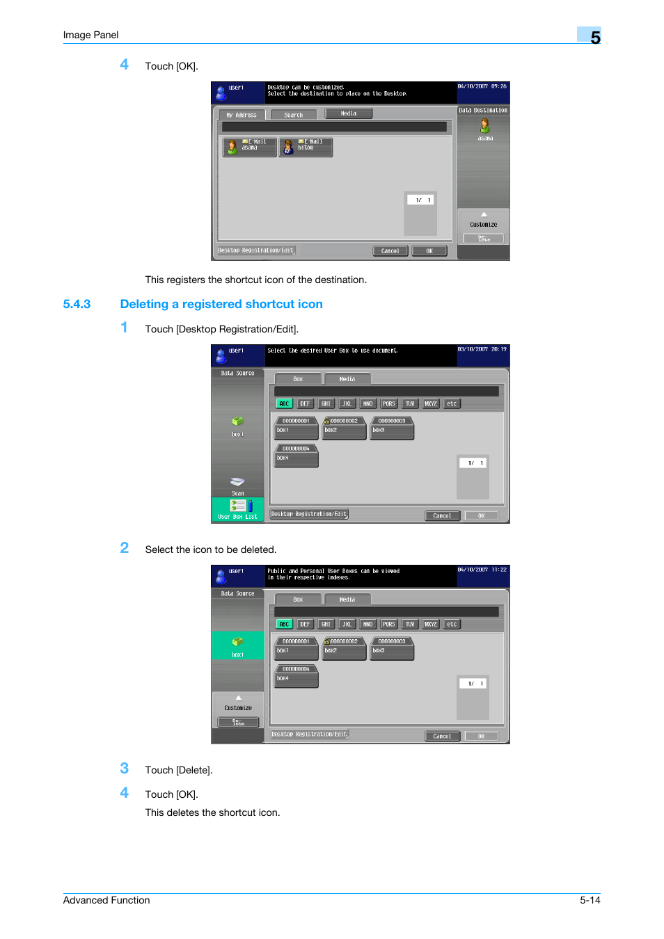 3 deleting a registered shortcut icon, Deleting a registered shortcut icon -14 | Konica Minolta bizhub C451 User Manual | Page 49 / 82