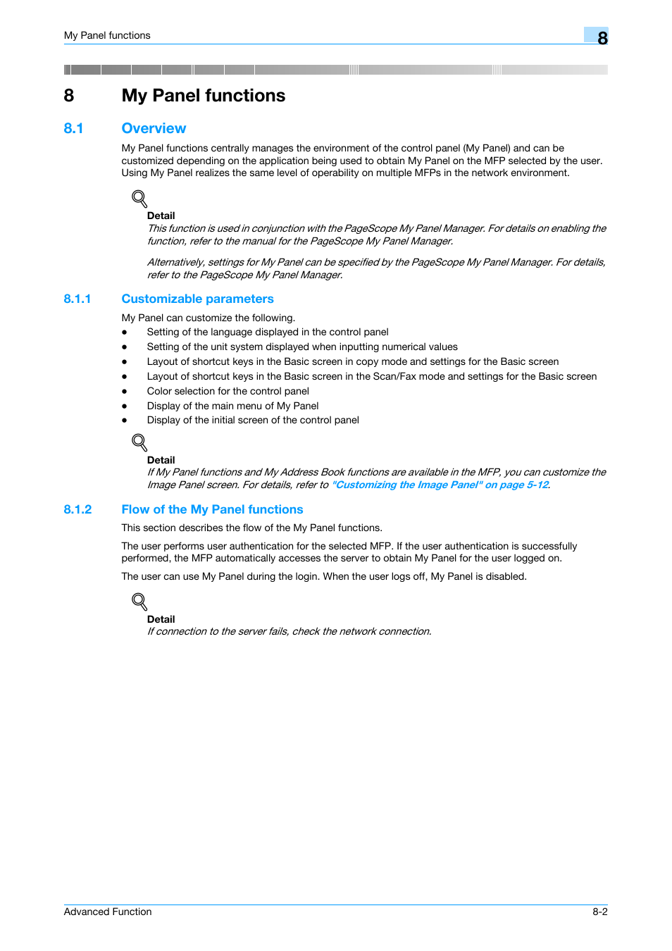 8 my panel functions, 1 overview, 1 customizable parameters | 2 flow of the my panel functions, My panel functions, Overview -2, Customizable parameters -2, Flow of the my panel functions -2, 8my panel functions | Konica Minolta bizhub C451 User Manual | Page 60 / 82