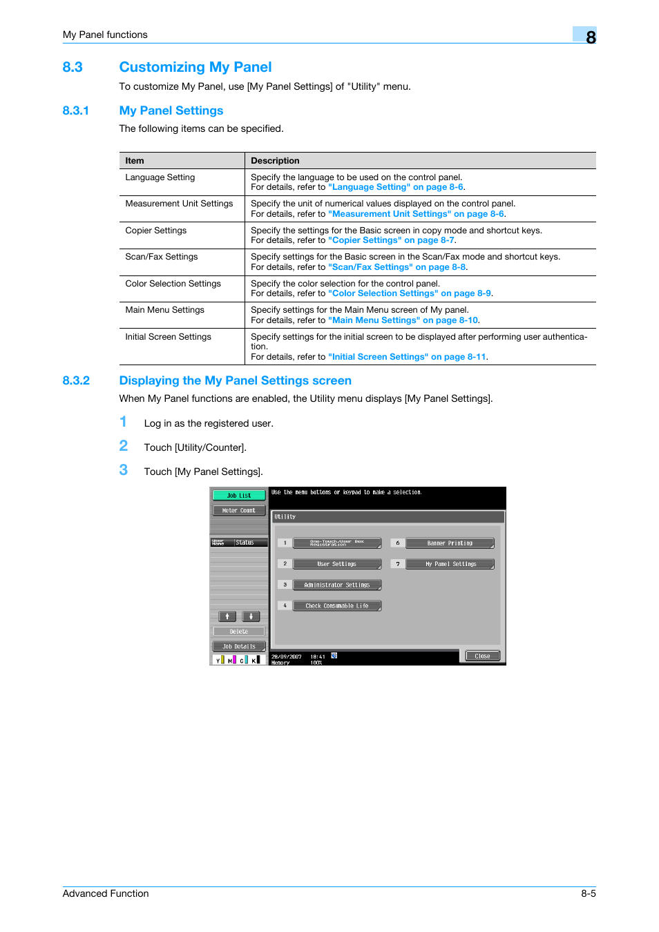 3 customizing my panel, 1 my panel settings, 2 displaying the my panel settings screen | Customizing my panel -5, My panel settings -5, Displaying the my panel settings screen -5 | Konica Minolta bizhub C451 User Manual | Page 63 / 82