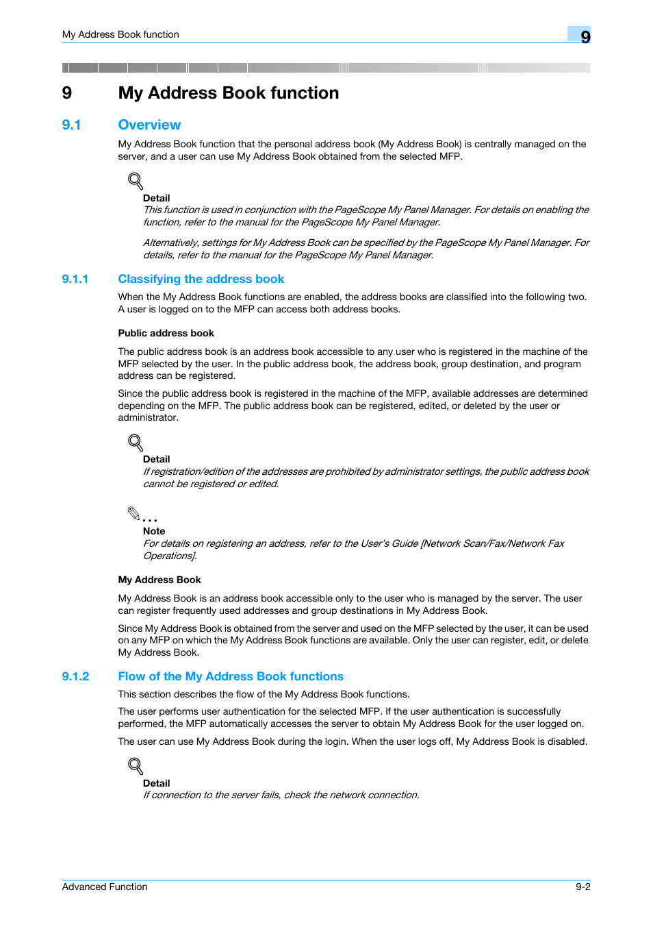 9 my address book function, 1 overview, 1 classifying the address book | Public address book, My address book, 2 flow of the my address book functions, My address book function, Overview -2, Flow of the my address book functions -2, Chapter 9 my address book function | Konica Minolta bizhub C451 User Manual | Page 71 / 82