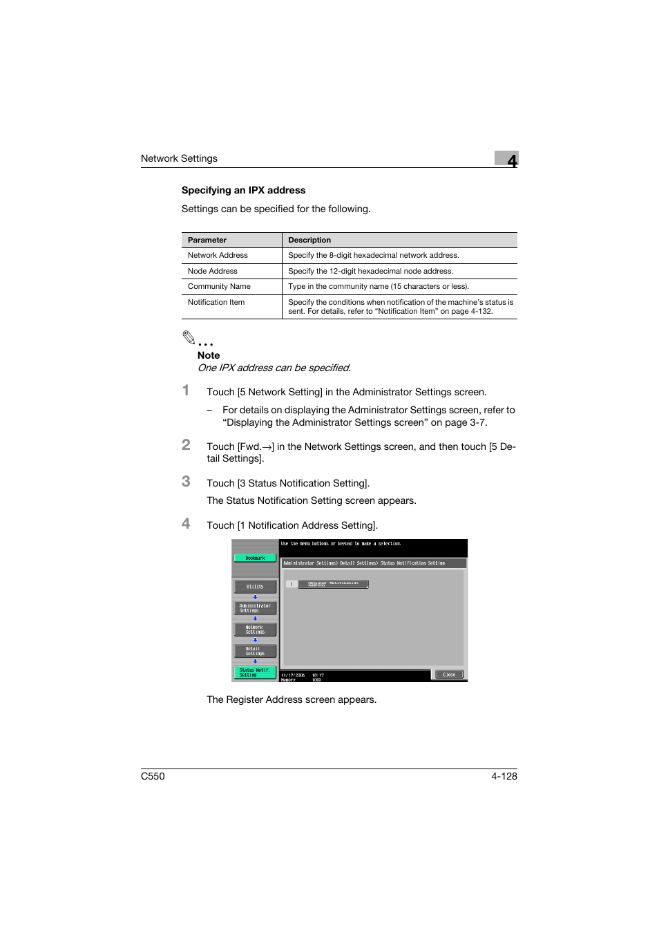 Specifying an ipx address, Specifying an ipx address -128 | Konica Minolta bizhub C550 User Manual | Page 374 / 415