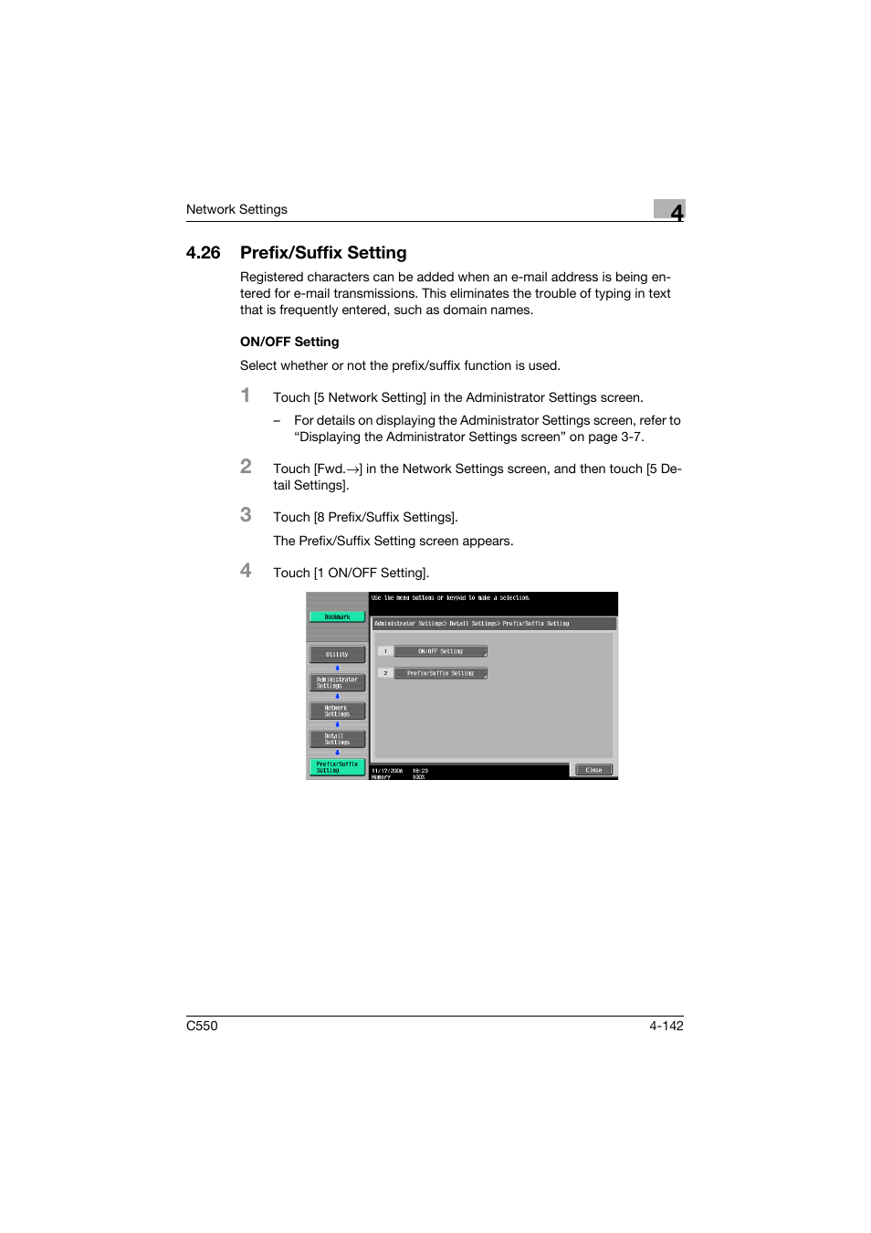 26 prefix/suffix setting, On/off setting, Prefix/suffix setting -142 | On/off setting -142 | Konica Minolta bizhub C550 User Manual | Page 388 / 415