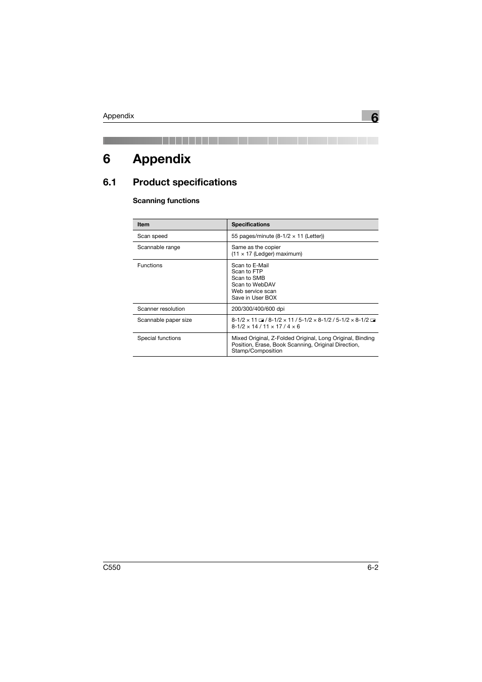 6 appendix, 1 product specifications, Scanning functions | Appendix, Product specifications -2, Scanning functions -2, 6appendix | Konica Minolta bizhub C550 User Manual | Page 398 / 415