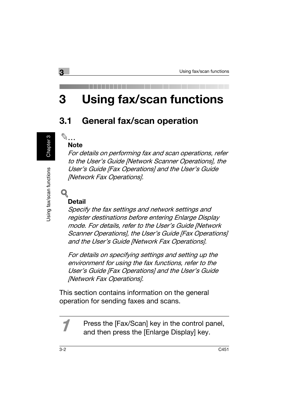 3 using fax/scan functions, 1 general fax/scan operation, 1 general fax/scan operation -2 | 3using fax/scan functions | Konica Minolta bizhub C451 User Manual | Page 103 / 164