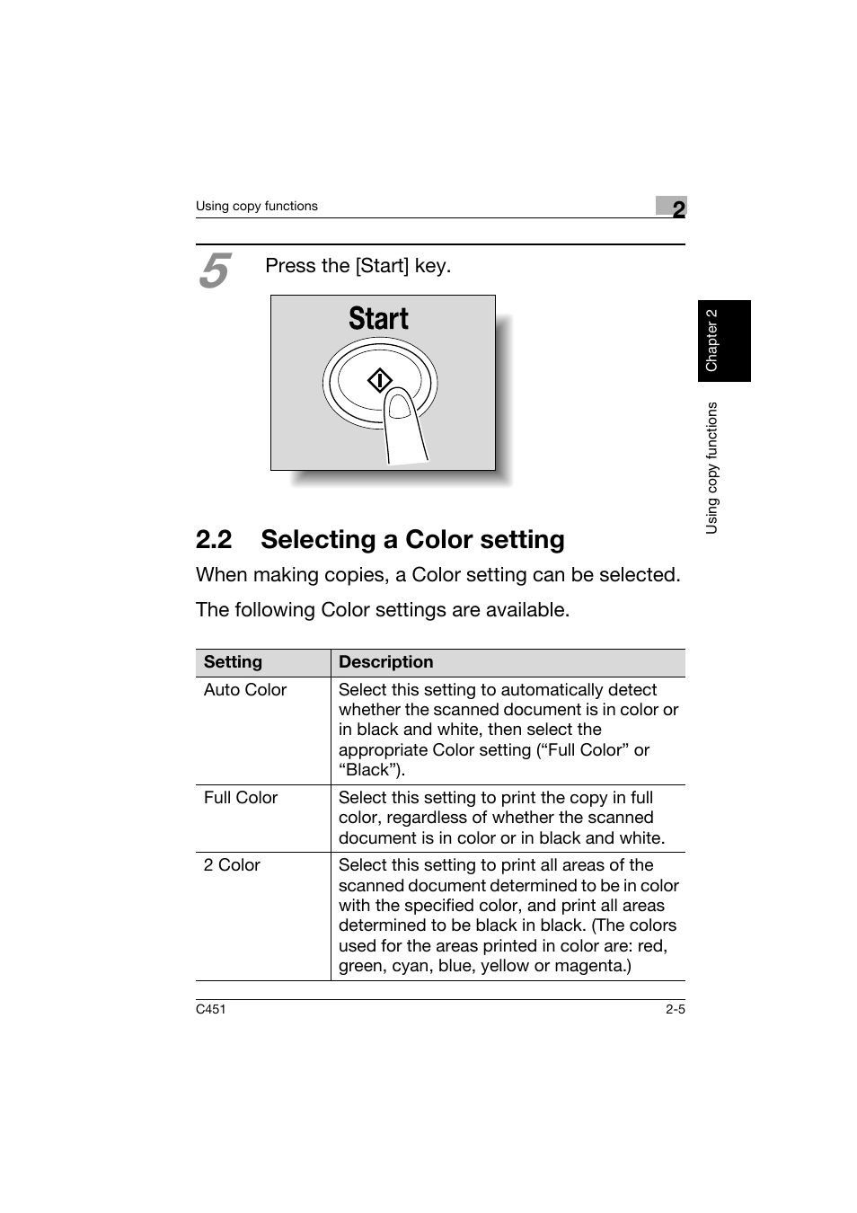 2 selecting a color setting, 2 selecting a color setting -5 | Konica Minolta bizhub C451 User Manual | Page 48 / 164