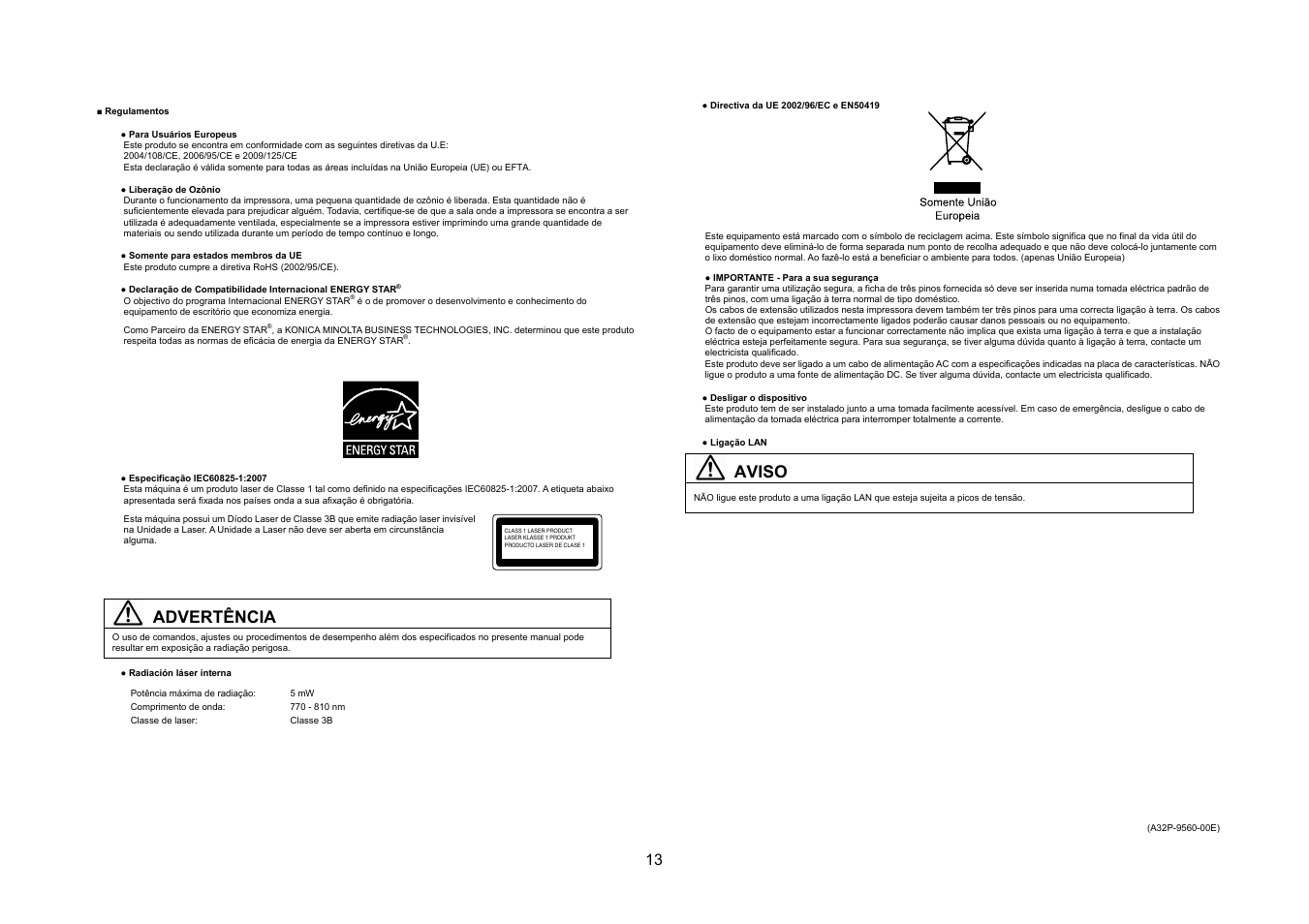 Advertência, Aviso | Konica Minolta bizhub 20P User Manual | Page 14 / 39