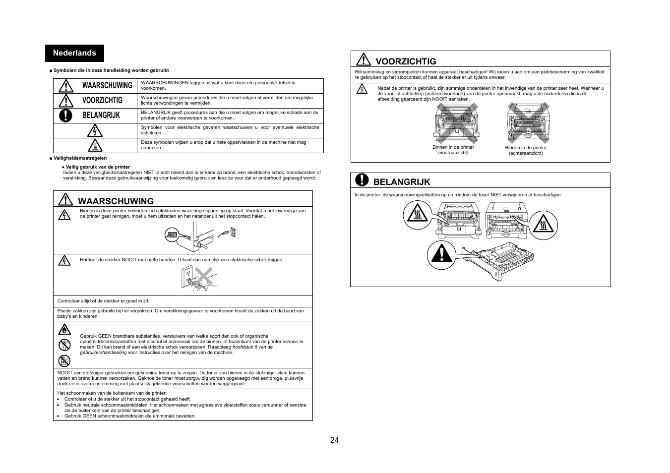 Waarschuwing, Voorzichtig, Belangrijk | 24 nederlands | Konica Minolta bizhub 20P User Manual | Page 25 / 39