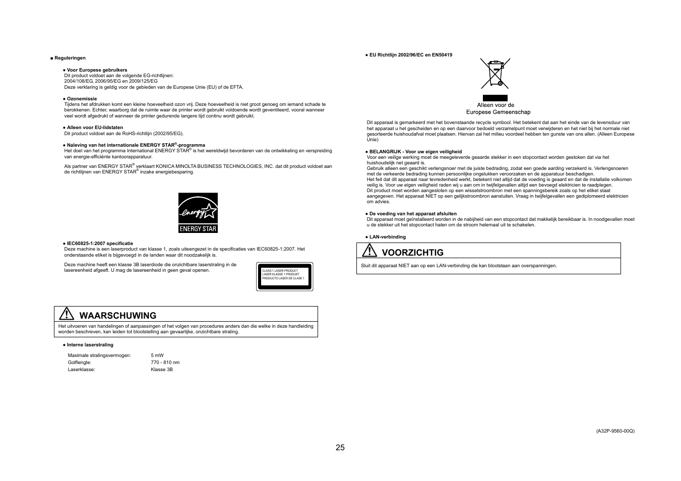 Waarschuwing, Voorzichtig | Konica Minolta bizhub 20P User Manual | Page 26 / 39