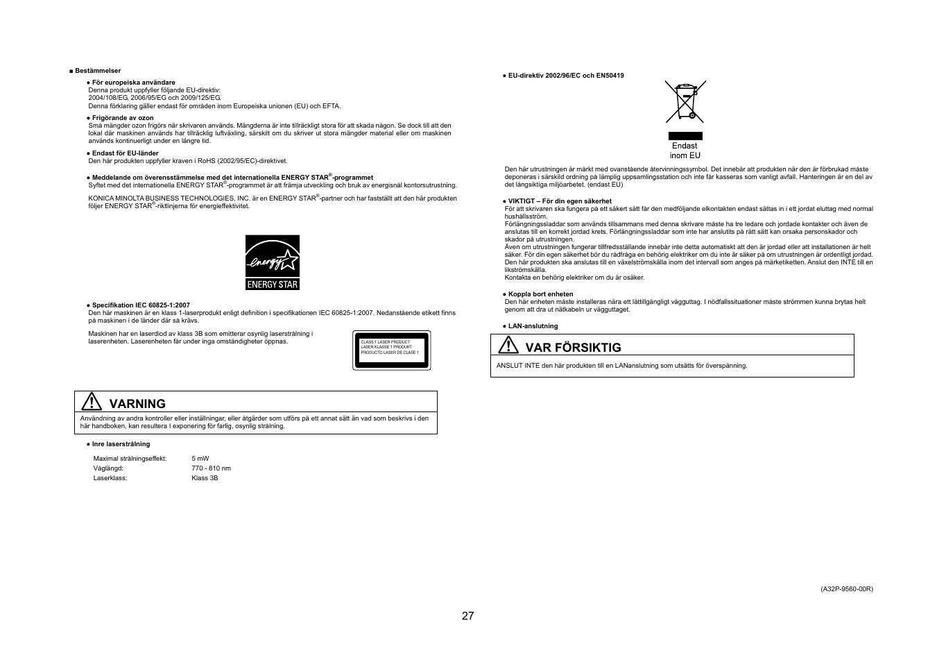 Varning, Var försiktig | Konica Minolta bizhub 20P User Manual | Page 28 / 39
