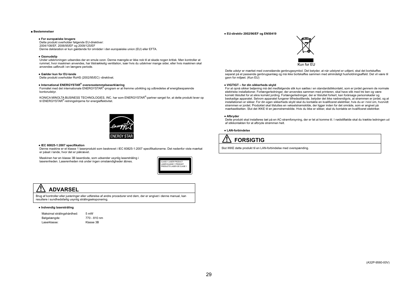 Advarsel, Forsigtig | Konica Minolta bizhub 20P User Manual | Page 30 / 39
