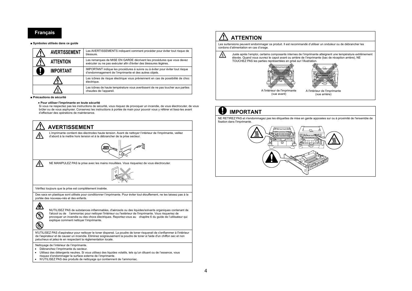Avertissement, Attention, Important | 4 français | Konica Minolta bizhub 20P User Manual | Page 5 / 39