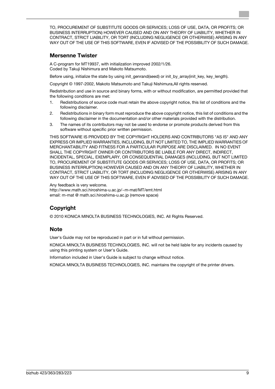 Mersenne twister, Copyright, Note | Konica Minolta BIZHUB 223 User Manual | Page 10 / 13
