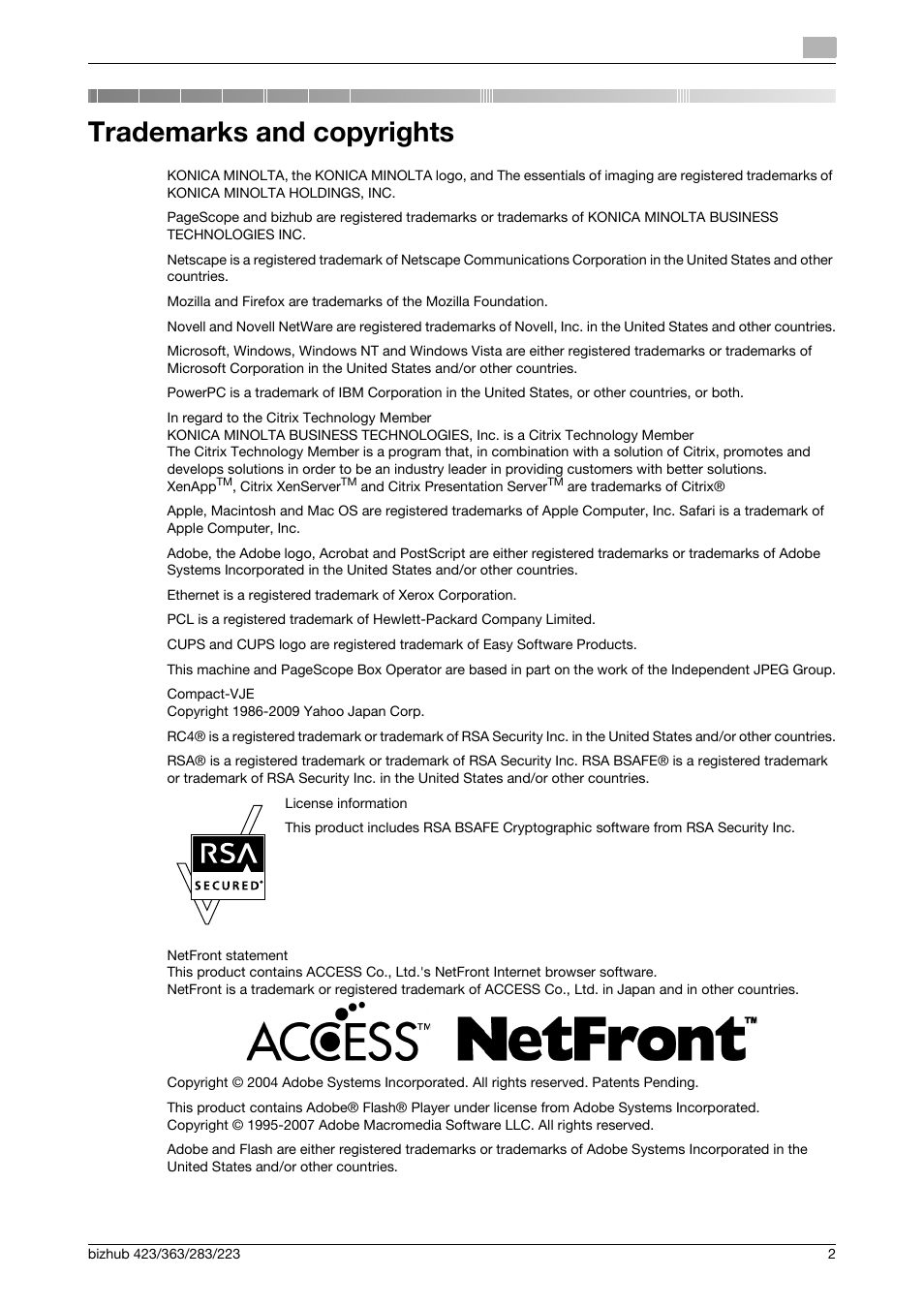 Trademarks and copyrights | Konica Minolta BIZHUB 223 User Manual | Page 3 / 13