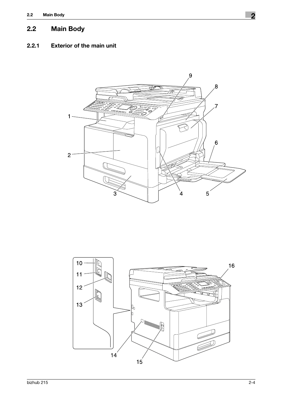 2 main body, 1 exterior of the main unit, Main body -4 | Exterior of the main unit -4 | Konica Minolta Bizhub 215 User Manual | Page 13 / 138
