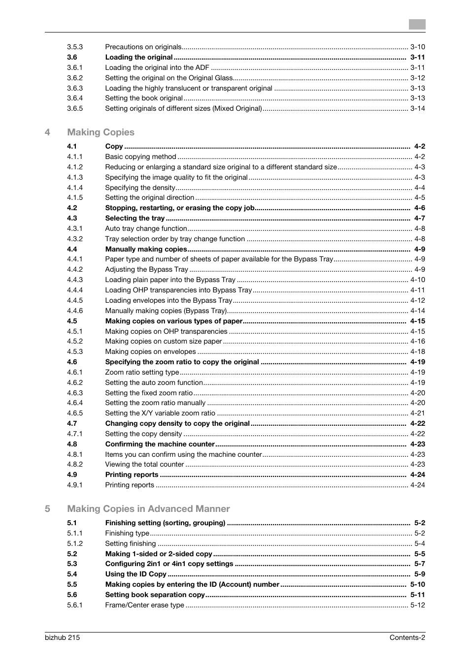 4making copies, 5making copies in advanced manner | Konica Minolta Bizhub 215 User Manual | Page 3 / 138