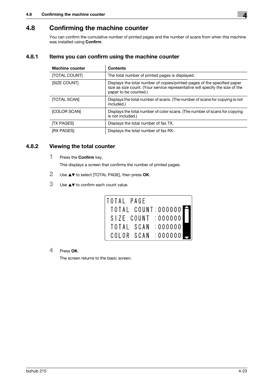 8 confirming the machine counter, 1 items you can confirm using the machine counter, 2 viewing the total counter | Confirming the machine counter -23, Viewing the total counter -23, P. 4-23 | Konica Minolta Bizhub 215 User Manual | Page 66 / 138