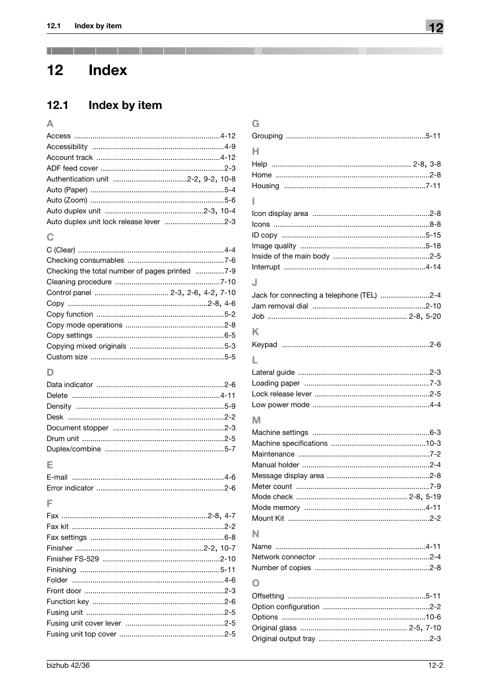 12 index, 1 index by item, Index | Index by item -2 | Konica Minolta bizhub 42 User Manual | Page 105 / 109