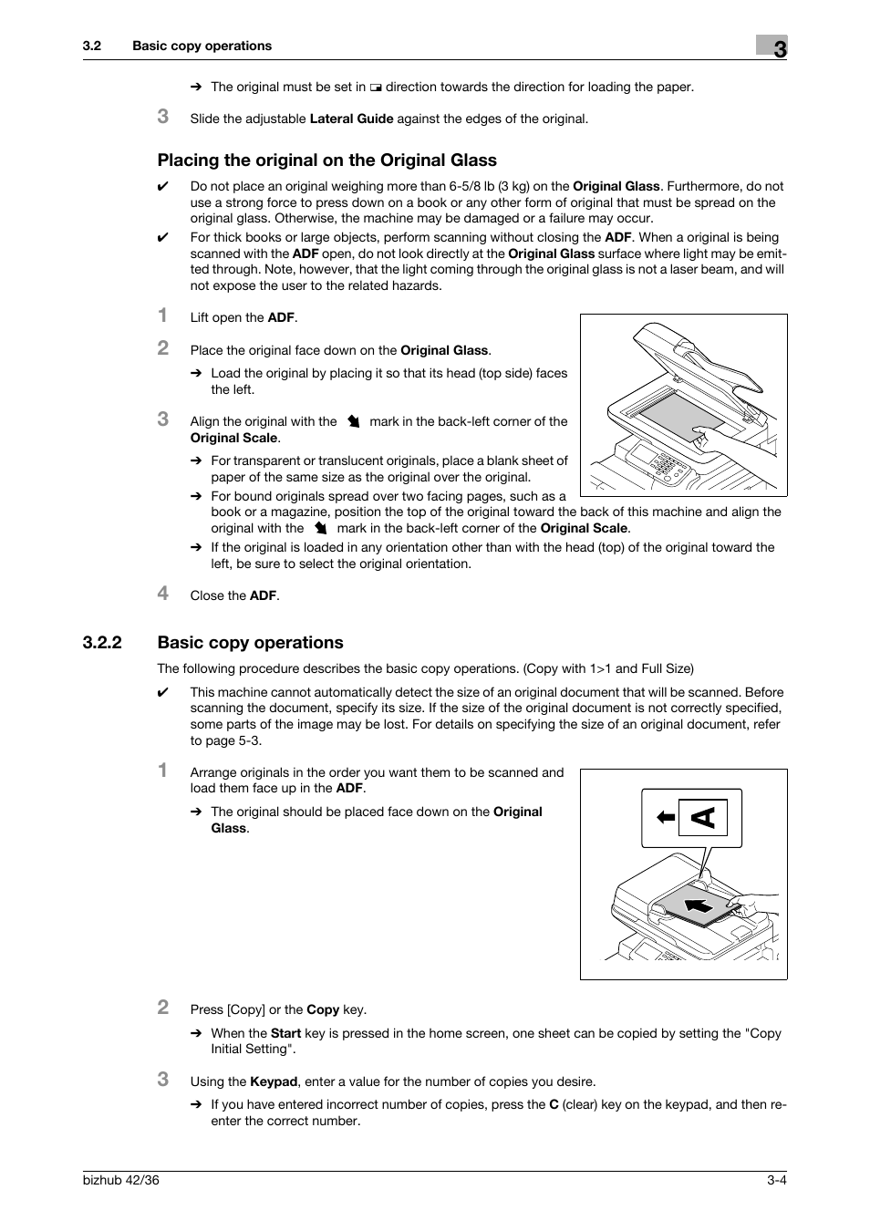 Placing the original on the original glass, 2 basic copy operations, Placing the original on the original glass -4 | Basic copy operations -4 | Konica Minolta bizhub 42 User Manual | Page 22 / 109