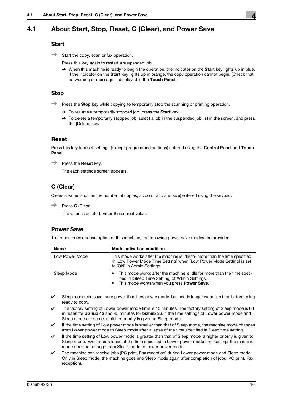 Start, Stop, Reset | C (clear), Power save, P. 4-4 | Konica Minolta bizhub 42 User Manual | Page 30 / 109