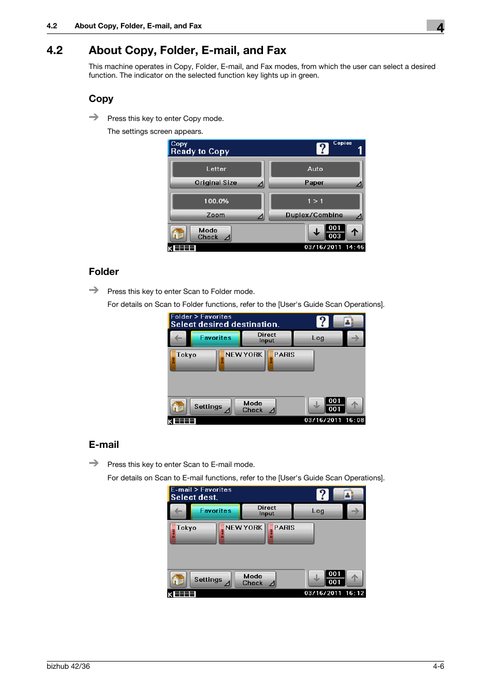2 about copy, folder, e-mail, and fax, Copy, Folder | E-mail, P. 4-6 | Konica Minolta bizhub 42 User Manual | Page 32 / 109